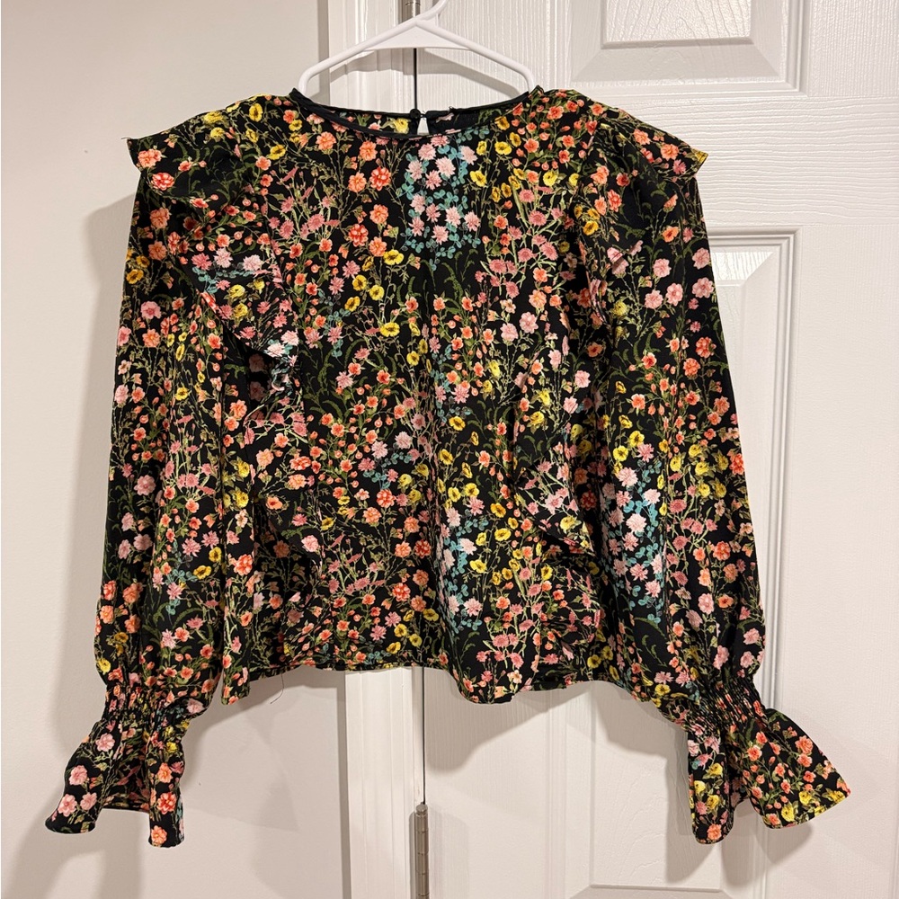 Zara Multicolor Floral Blouse with Ruffle Sleeves
